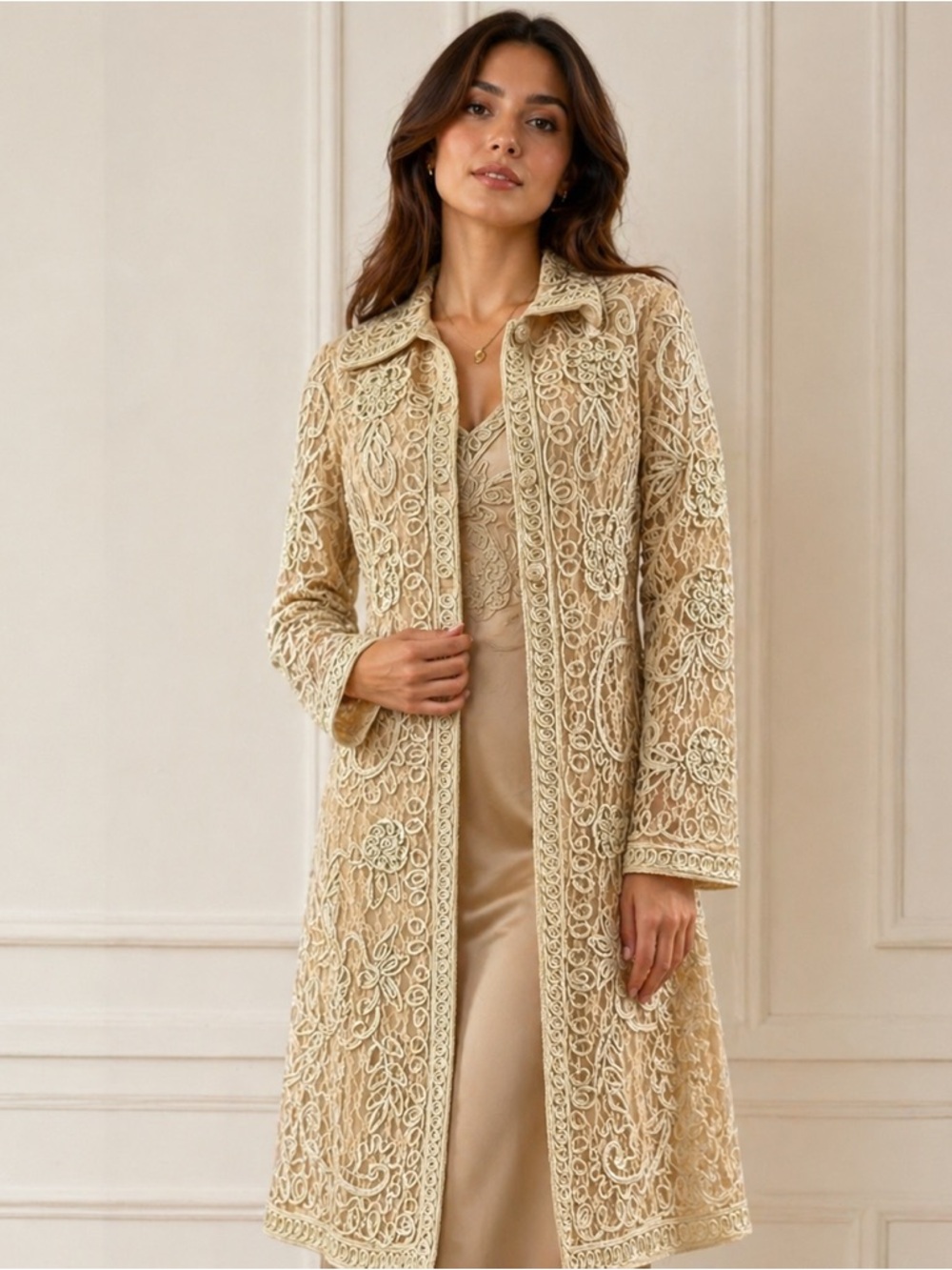 Sue Wong  Ivory, Long Soutache Coat / Robe and dress set cream